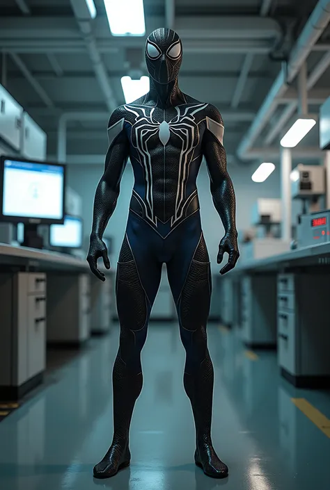 superhero with snake themed costume, similar to Spiderman, standing with a laboratory background. full body view, super detail, super realistic