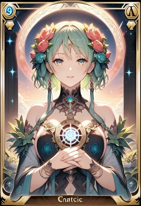 (masterpiece, Best Quality, Best Quality, Official Art, beautifully、aesthetic:1.2), (One girl:1.3), (Fractal Art:1.3), card, Tarot, Green Hair, Twin Blade, Hair Flowers, (Good lighting:1.1), ((High resolution)), Tarot card style