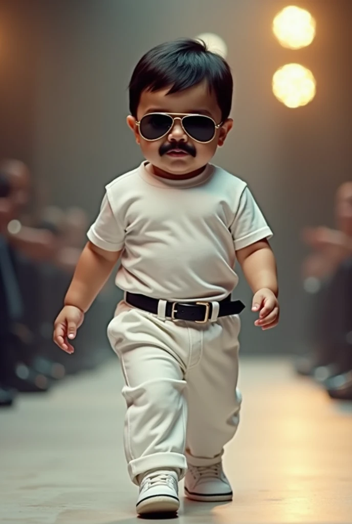  An adorable  baby, real, face of singer Freddie Mercury, hair like the singer wore in the same color, cut like the singer used to wear, wearing a white regatta t-shirt ,wearing white pants, wearing a black belt,the baby with a mustache like the singer&#39...