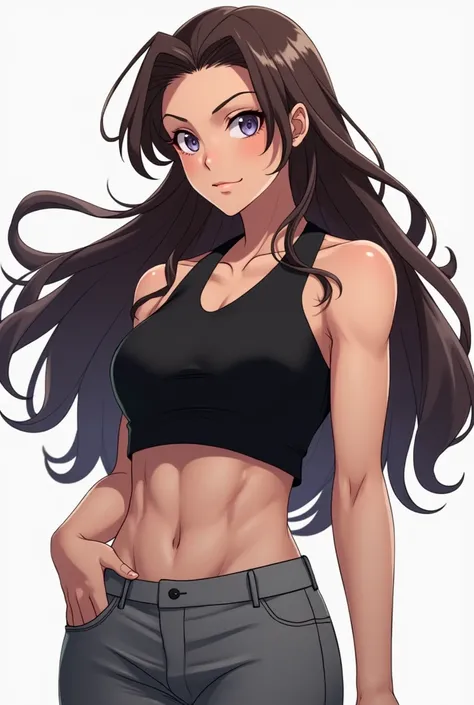 anime, woman with long wavy dark brown hair, Muscular with big, defined arms, pale skin, attractive, black shirt and grey pants