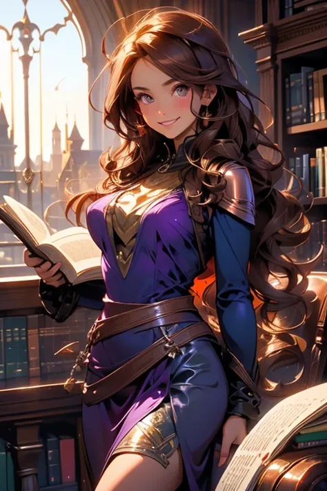 Perfect face. Perfect hands. A brown haired woman with copper eyes with an hourglass figure in a violet dress is reading by an open window in an ancient library with a big smile