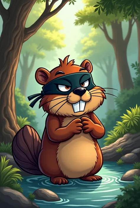 Cartoon beaver wearing black villain mask 