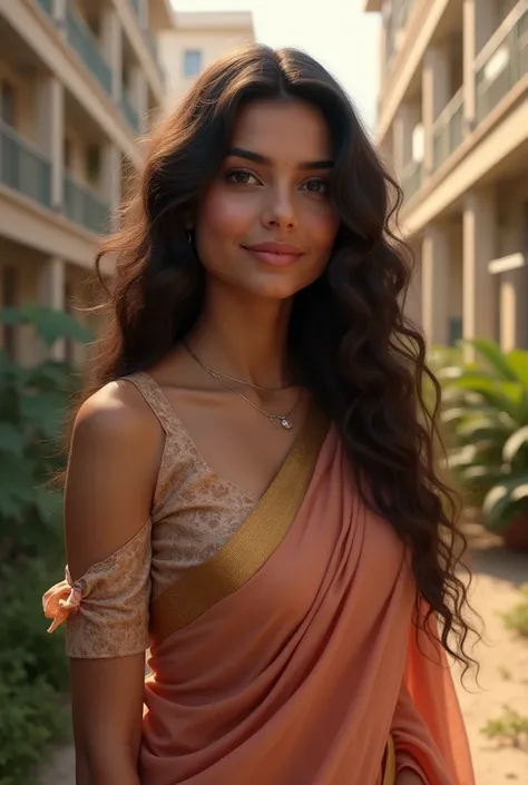 Potorealism:1.2), beautiful 22yr woman, wearing saree , blouse soludercut, long curly hair,  soft lighting, relaxed pose, realistic, intricate details, warm colors, standing in front of apartment, 