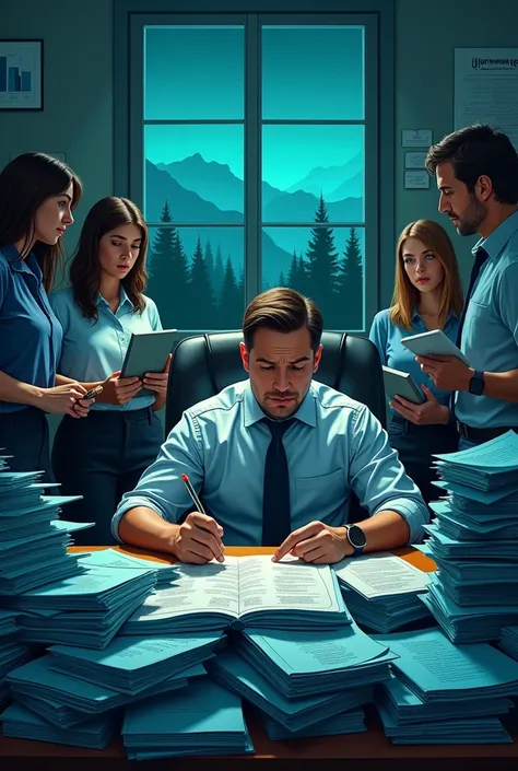 high quality, oil painting style, at office room, window night view with green mountains with trees, the manager sitting on chair and he looks very busy and annoying, the desk is full of blue files and the wall has full of graphs and charts, the other men ...