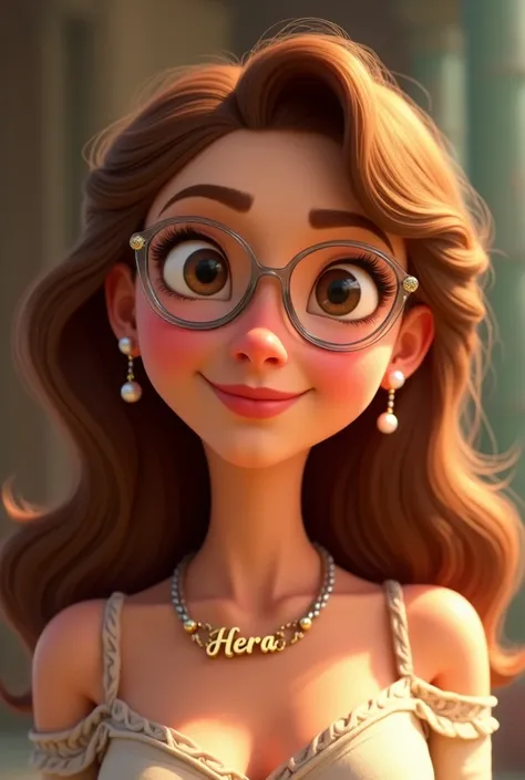 Create an image of the Greek Goddess Hera with brown eye, cat eye glasses with clear frame, and hair a little below the shoulder, small earring,em Disney pixar cartoon focando o rosto com o nome EXBE em uma chocker 