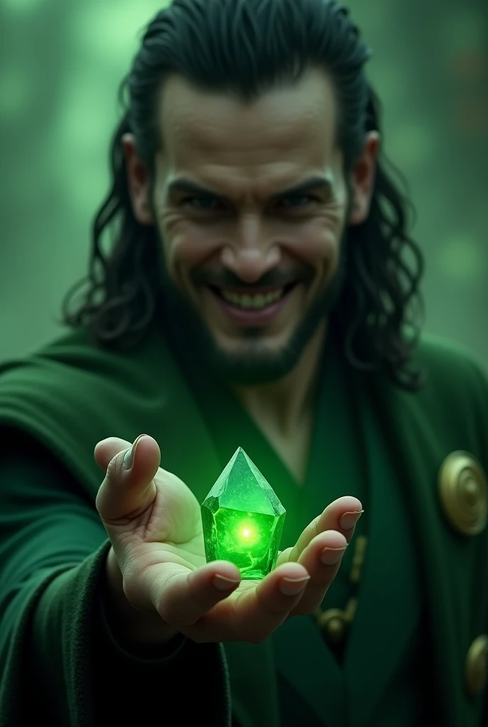 Loki holding a small green Infinity crystal like stone with his fingers Loki has no beard he is clean shave and the background is of a green theme realistic scary image the image should be generated in such a way that lokis face should be blurred and the I...