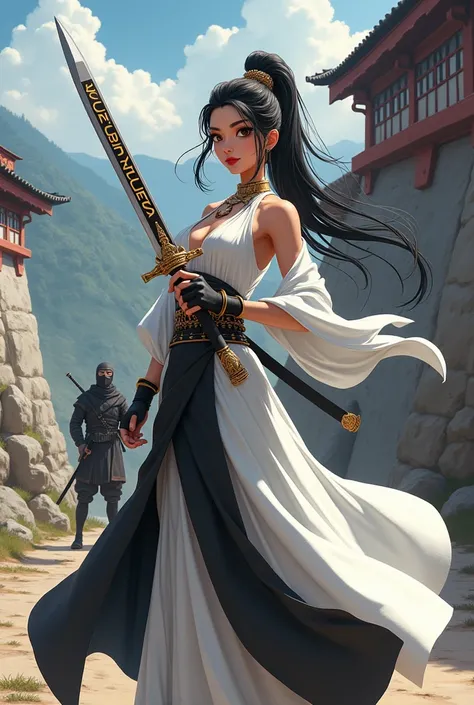 An animated lady  in white and  black dress carrying a sword pointed down, and with the name TChhoden in capital and bold on her sword, ninja standing near fortress of Bhutan