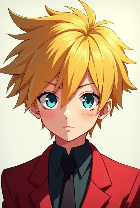 create a boy anime image in which anime have rad eyes yellow hear red suit blue eyes