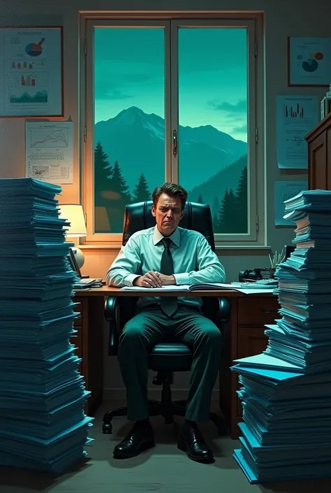 high quality, oil painting style, at office room, window night view with green mountains with trees, the manager sitting on chair and he looks very busy and annoying, the desk is full of blue files and the wall has full of graphs and charts, look very tire...