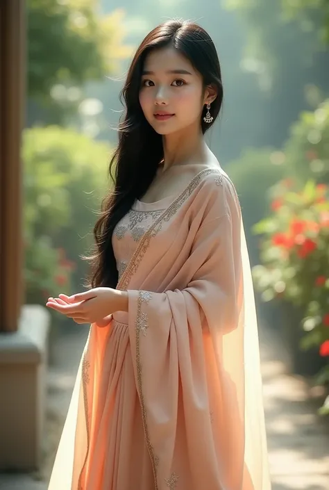 A 20 years old Korean girl single full picture. She is wearing a traditional Indian dress. She has open black long hair. She is showing her palm. The background is soft blurred garden 