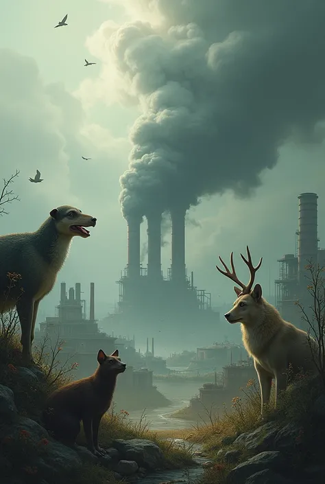 Pollution cover where there are many animals with smoke 