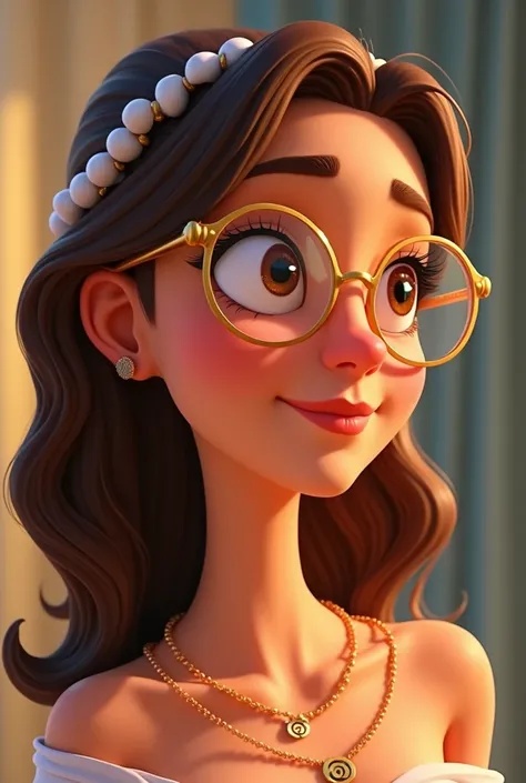 Create an image of the Greek Goddess Hera with brown eye, cat eye glasses with clear frame, and hair a little below the shoulder, small earring,in Disney pixar cartoon focusing on the face with the name EXBE large on the neck 