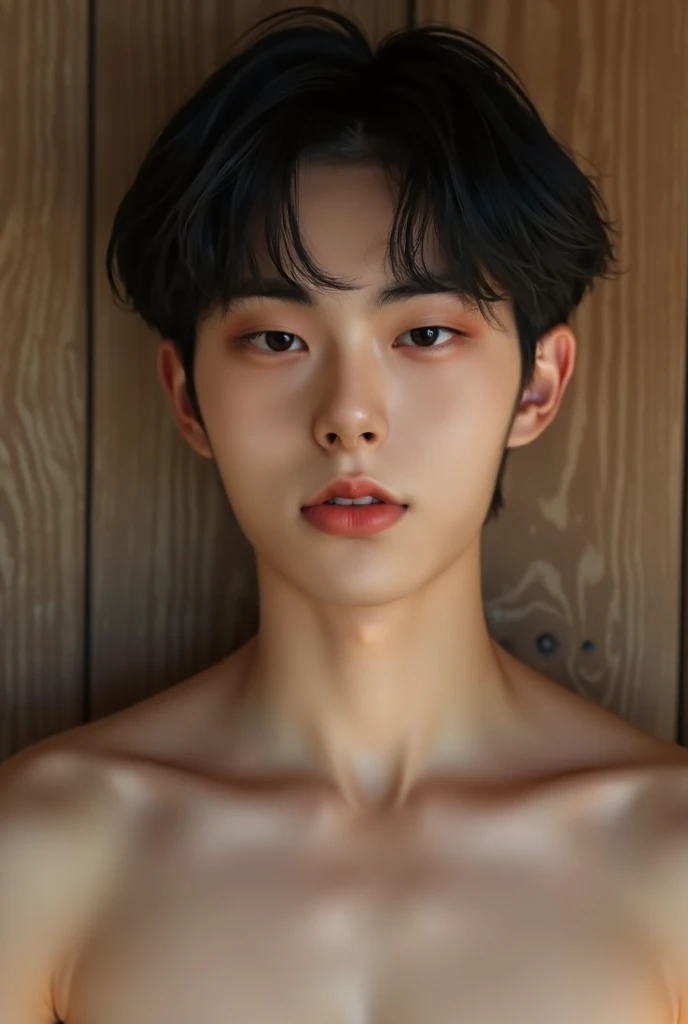  photorealistic, A fair-skinned Korean boy with straight black hair and light bangs that frame his face. He has a soft and serious look, with full lips. The backdrop is a wooden wall, providing a cozy and simple atmosphere. Soft lighting highlights the del...