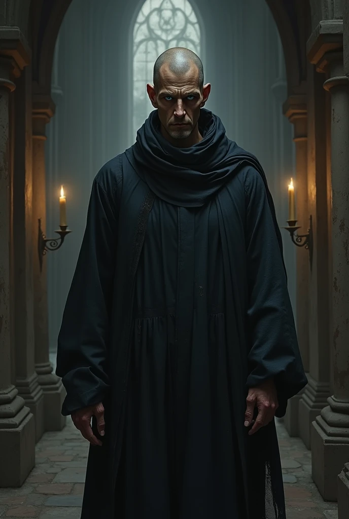 brutal pale thin faced man aged 30 priest in the middle ages, brown very short hair, clean shaven face, Blue eyes, background inside black church, gloomy atmosphere, in dark colors, Gothic