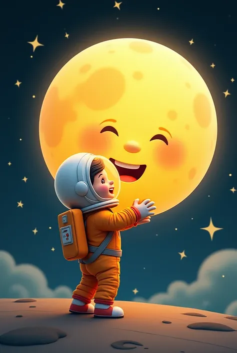 Astronaut kid hug a smiling full moon smiling cartoon