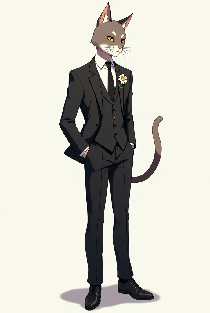 Anime type a human cat dressed in a black suit with a white shirt and black pants, black shoes, and a flower on the lapel of his jacket. This one has to be in right profile