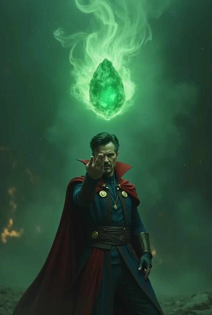 Dr strange with a green crystal like infinity stone stone is floating in air intense green theme scary background realistic image the stone is small