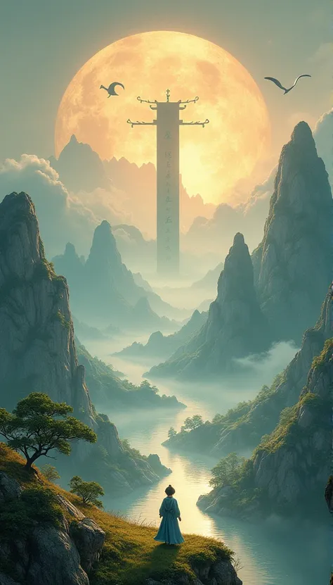 Mountain and Sea Skylark Scroll，There are mountains and waters in the picture，rios、grassy fields、Sun，Shirasawa、Many ancient mythical beasts such as the zodiac are haunted，Epic composition，shadowing，National style，Light yellow tone，Gold elements