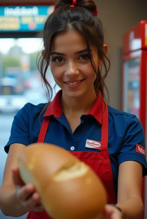 
 super pretty 20yo model french arabic as a convenient store keeper girl with blue and red uniform that says "Indahmart" giving a bread to me, facing camera smirk expression,ribbon on head,trying to express her feeling of love to me, glimmering eyes, dram...