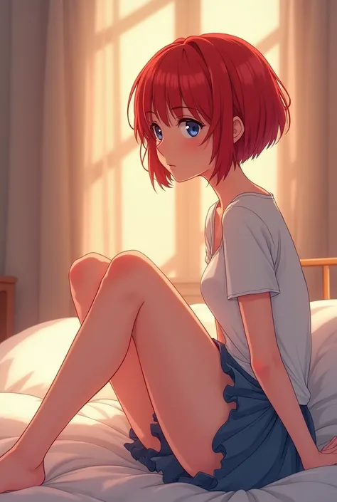 cartoon of a woman in a short skirt is sitting on a bed, loish |, waking up, in a bedroom, thighs focus, lit from behind, she has red hair, thighs!!!, on the bed, bottom angle, she is redhead, (sfw) safe for work, rule 34, published art, short redhead, on ...