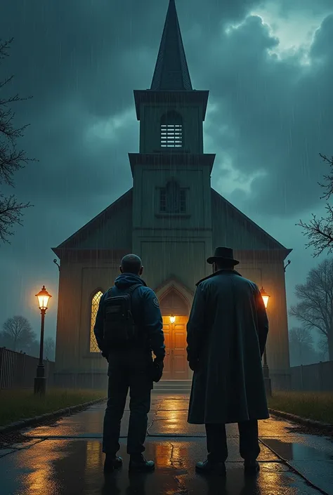 Two people a rookie officer and detective standing under heavy rain outside a dark, abandoned church. The building looms ominously against a stormy sky with flickering streetlights casting shadows over the wet pavement. 