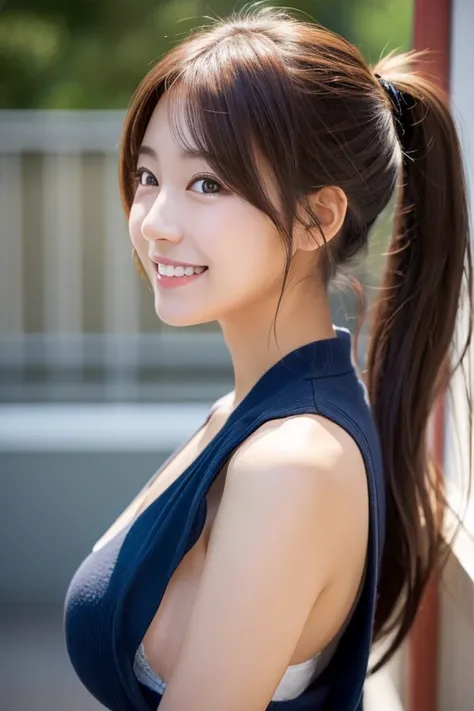 photorealistic, pretty japanese girls, soft lighting, hair styled neatly, laugh,Grin, Large Breasts, ponytail, Best Quality, High school girl、Droopy eyes，Rear view, 