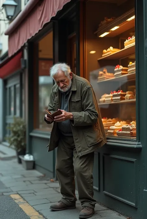 A poor old man walking on road and looking at his empty wallet. And standing outside the cake shop