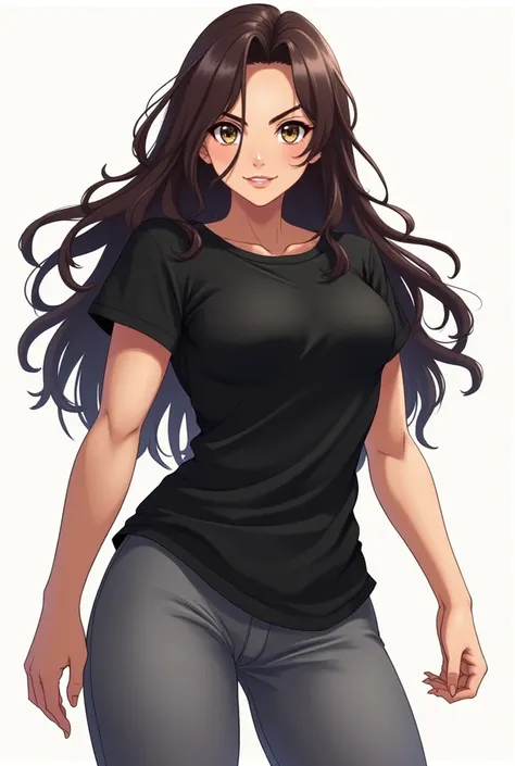 anime, woman with long wavy dark brown hair, Muscular with big, defined arms, pale skin, attractive, long loose black t-shirt and grey pants