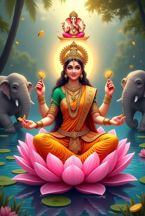 Lord lakshmi with saree sitting in lotus in lake with mukut from one hand giving coins and other hand ashirvaad
Happy Elephants on both sides
Lord Ganpati at top
Beautiful  environment 