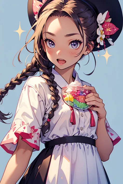 Simple Background, Braids, Open your mouth, Sparkle Effect, sugar、sweets