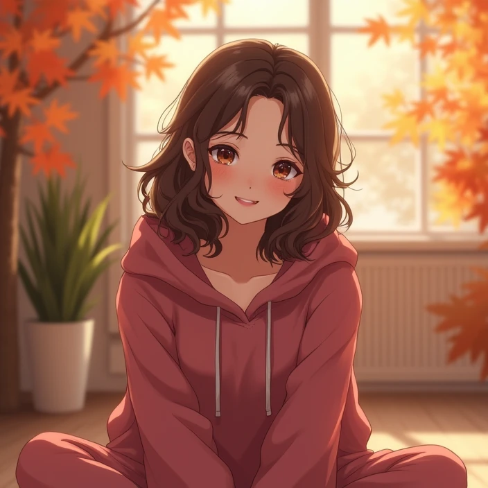 whole body,High image quality,Facing forward,Adult Women,Loosely curled long hair,Brown Hair,Brown eyes,A dark pink hoodie,Adult cute,Fluffy atmosphere,I&#39;m sitting flat on the floor,Blushing, Look at, smile, Maple scenery