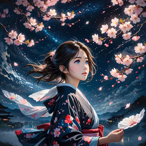 A young Japanese female student standing at the edge of darkness, reaching out towards a distant light. Swirling wind surrounds her, carrying cherry blossom petals. Her eyes reflect determination and hope. The scene is a blend of realism and surrealism, wi...