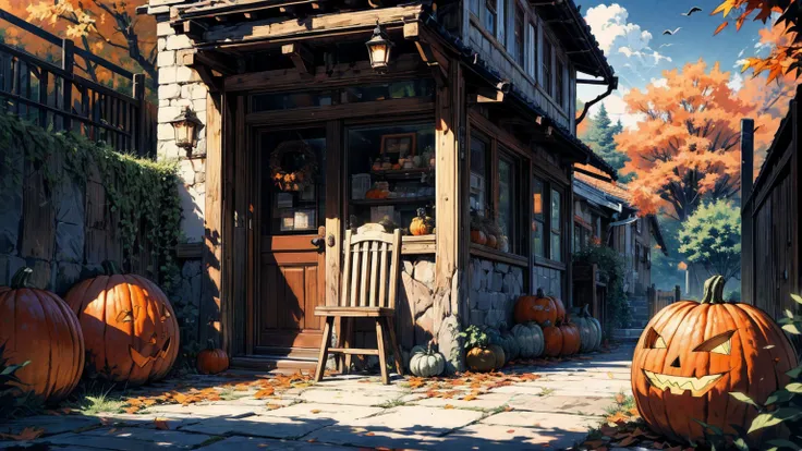 A chair decorated with many pumpkins、Ranch、autumn、autumn leaves、Halloween,Outdoor、Brick exterior wall、Overlooking the grassland
