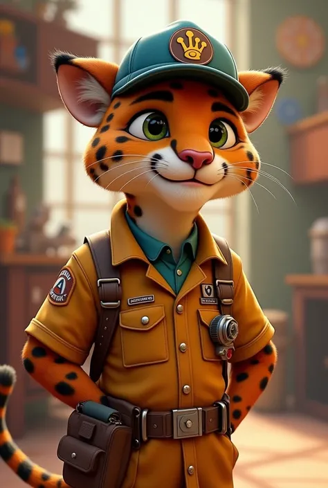 I want a leopard that looks like a bengamin bottle from zootopia, that is to say that it is animated, humanized, with a uniform but I want it to be an engineer&#39;s uniform, very fat AND WITH A CAP
