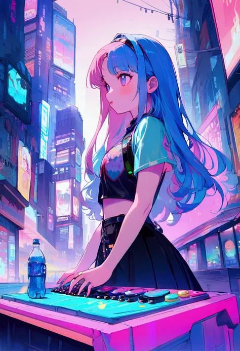 , (true beautiful:1.2),long hair,,10yo,,(tiny 1girl model:1.2),Pink and blue hair girl, soda, Inspired by 90s anime, Cyberpunk City, praise, colorful, listen to music, Pink Hair, Blue Hair、Drinking alcohol