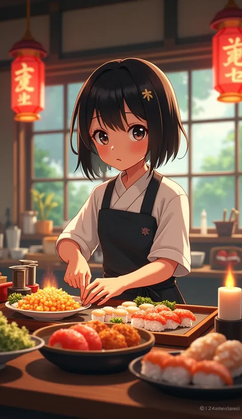 makoto shinkai style anime, sushi japanese food, tasty hot food