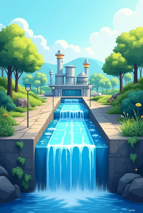 Generates an image of a 1x1 meter square mural depicting a modernized water treatment plant. Includes:

Background with gradient from sky blue to earth green Stylized treatment plant in the center Clean water streams flowing from the plant Local flora and ...