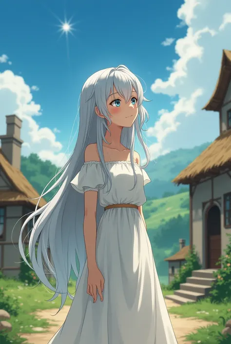 Village girl who is the incarnation of the star goddess。Medieval Europe。Silver Hair、Plain white clothing。Sunburned Skin。Small breasts。Modest Dress。Anime Style。