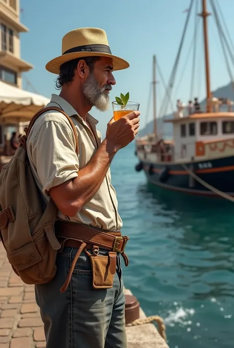 A Greek man at the harbor in front of a boat drinking an uso 