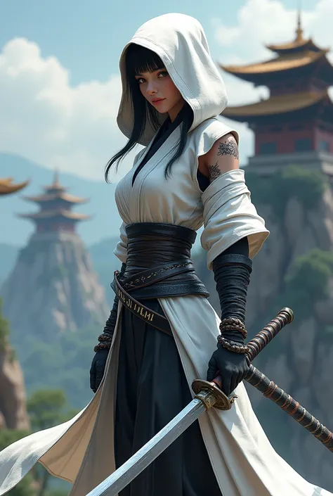 An animated ninja lady  in white and  black dress carrying a sword pointed down, and with the name TChhoden in capital and bold written on her sword, ninja standing near fortress of Bhutan