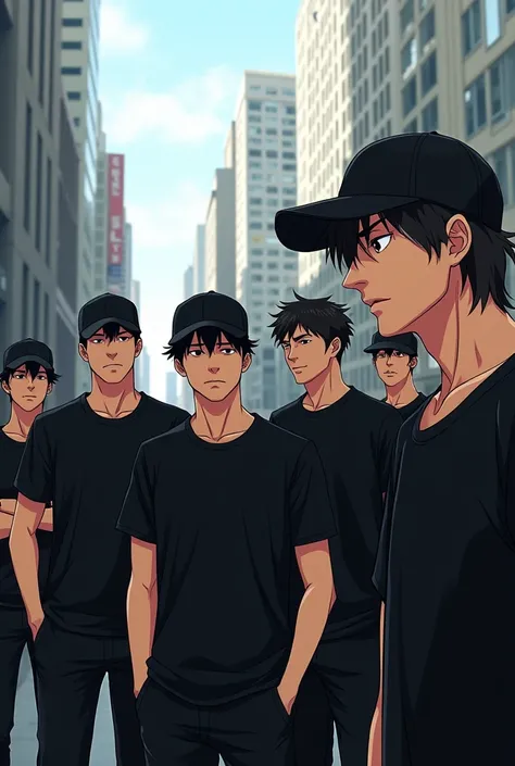 Several men in basic black clothes and black hats , in the background of the image I want a city , I want the style of the lines to be like anime. I want black hats, not hats. , and it doesn&#39;t have to be a suit just a basic black shirt and I want diffe...