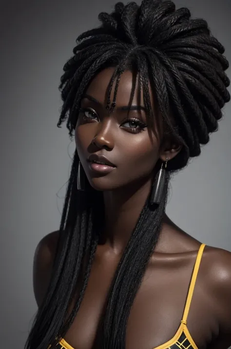 Sexy hair, carbon dark skin, 2, beautiful face, deep carbon , SFW, African , looking at viewer with admiration 