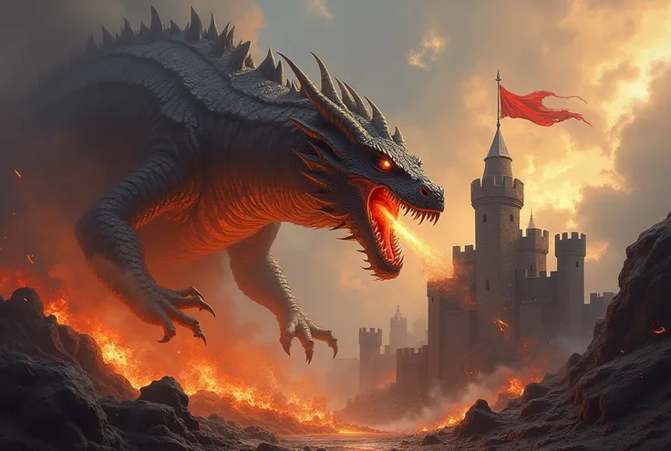 A fiercely raging dragon, flames licking at stone walls, its colossal form casting a dark shadow over the besieged castle. The scales of the beast shimmer with molten hues of orange and red, billowing smoke spiraling from its gaping maw. The crumbling fort...