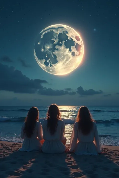 Beautiful women watching eclipse by sitting in the beach during night time