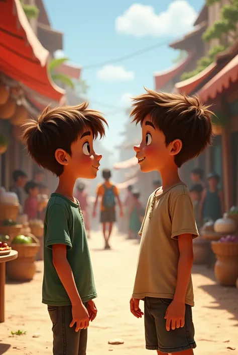 two brown haired boys in front of a market talking