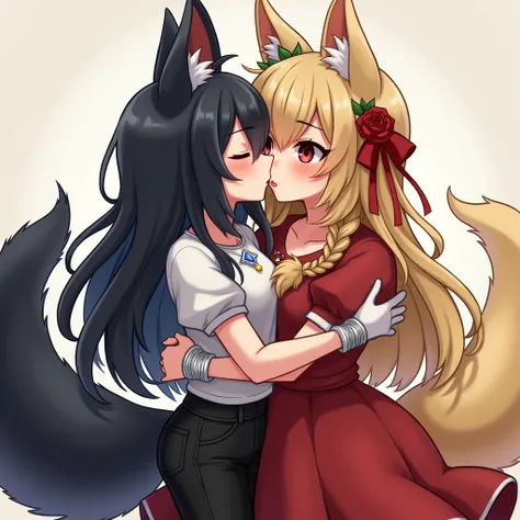 (two girls, hugging, adult female:1.3), (sweet kiss, tongue twist:1.3), ( (mature:1.1), (long black-blue:1.2), (fluffy fenek ears, fenek fluffy tail:1.2), (silver bracelet, earrings, necklace:1.25), (black jeans, shirt:1.3) ), ( ( mature:1.15), (golden lon...