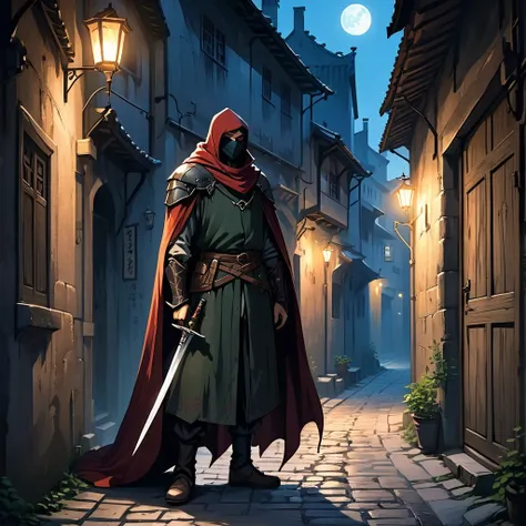 A weathered man（assassin），Wear a night suit，Wearing a cape，Holding a dagger，Hiding in the shadows of the alley，Leaning against the wall，Weiwei looked out to check the street conditions，The surrounding environment is a dark night。Magical World，Medieval Euro...