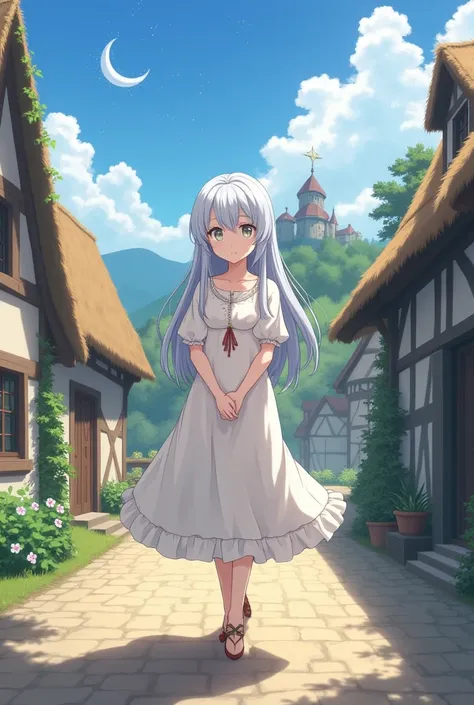 Village girl who is the incarnation of the star goddess。Medieval Europe。Small breasts。Her hair is silver。A modest ivory dress。Neat。Anime Style。