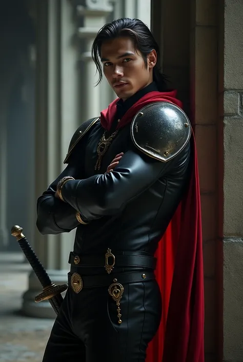 Create a handsome young prince of hell with slightly long, slicked back hair, He has eyes that I will come and is dressed in a black leather combat outfit with shield-shaped shoulder pads and a semi-transparent red cape with a sword. He is leaning against ...