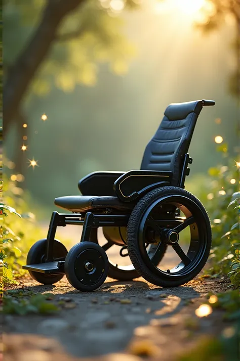 Wheelchair with an ultrasonic sensor and a solar panel on the back. Decorate it with little stars and make it have something of the environment..